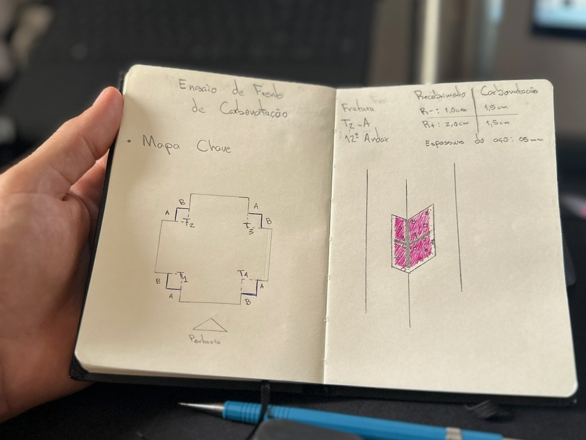 Caderno de campo com croqui e anotações de ensaio feitas durante a vistoria técnica